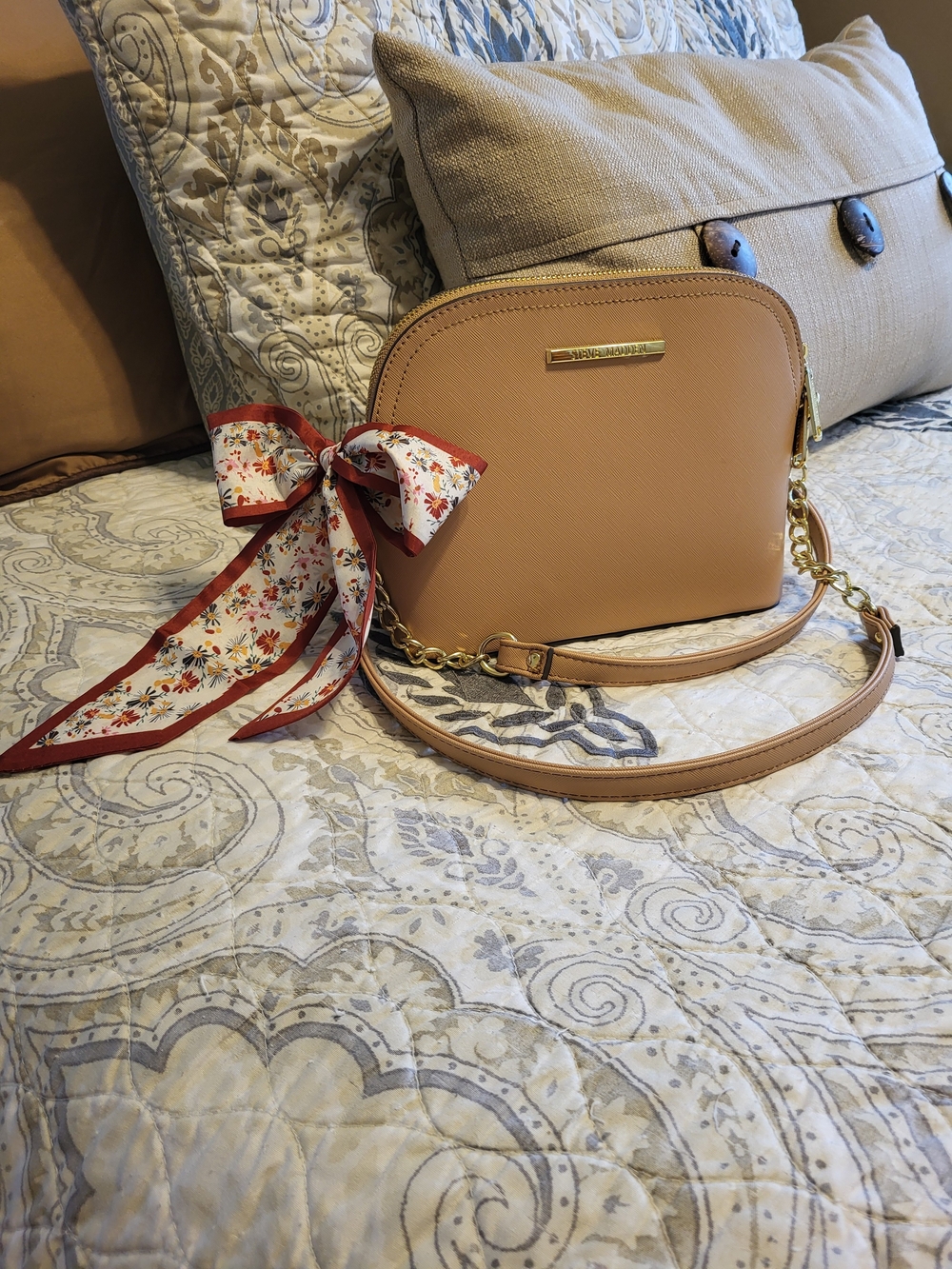 Neutral Tan Dome Crossbody Bag with Floral Scarf